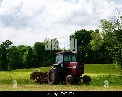 Rot, bei internationalen Traktor mit Heu Befestigung auf der Rückseite, im Heu Feld geparkt, Sullivan County, Pennsylvania, USA. Stockfoto