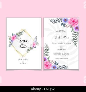 Hochzeit Einladung Vorlage Rosen Aquarell goldene Rahmen. Satz von Vintage Karte Vorlage mit Aquarell Blumen Stock Vektor