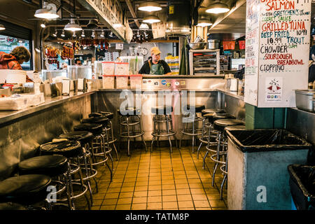 Frische Meeresfrüchte im Pikes Place Fischmarkt, Seattle, Washington Stockfoto