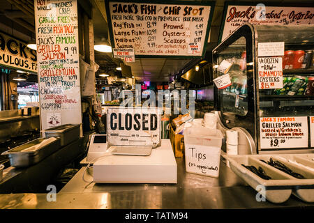 Frische Meeresfrüchte im Pikes Place Fischmarkt, Seattle, Washington Stockfoto