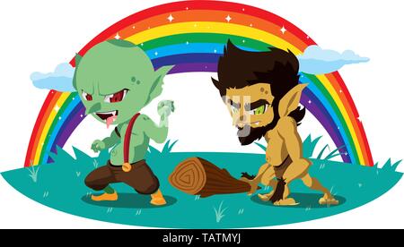 Hässliche Troll mit caveman gnome und Rainbow Vector Illustration Design Stock Vektor