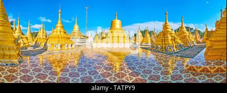 Vielzahl von Stupas in Nget Pyaw Taw Pagode Komplex mit verschiedenen Design, Dekorationen und hti Schirme, Pindaya, Myanmar. Stockfoto