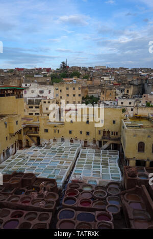 Leder sterben in einem traditionellen Gerberei in der Medina von Fes, Marokko Stockfoto