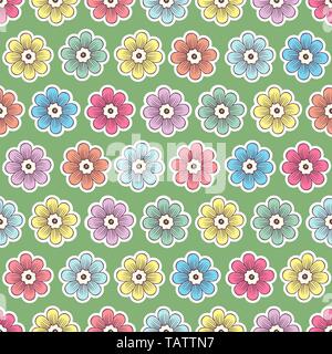 Doodle Blumen nahtlose Muster, bunt floral background. Mit weißem Strich Knospen auf grünem Hintergrund, von Hand zeichnen, Ornament für Stoff Bunt Stock Vektor