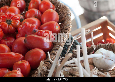 Tomaten und Knoblauch in einem Weidenkorb Stockfoto