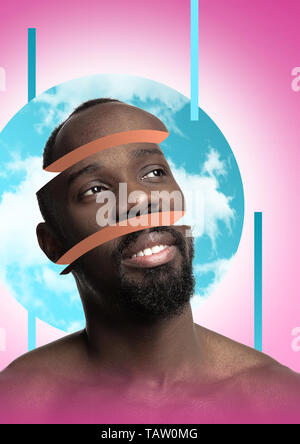 Männliche Körper der afrikanisch-amerikanischen Modell mit dem Kopf voller Gedanken über Himmel und Wolken. In Scheiben geschnitten. Trendy Neon Licht und Farbverlauf rosa-weißen Hintergrund. Stockfoto