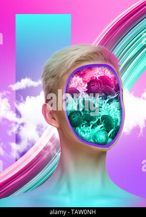 Weibliche Körper der kaukasischen Modell mit dem Kopf voller Gedanken über bunt blühenden Blumen und der Frühling. Trendy Neonlicht und Gradient Hintergrund. M Stockfoto
