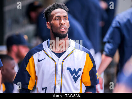 Oklahoma City, OK, USA. 26 Mai, 2019. West Virginia outfielder/Krug Brandon White (7) während der 2019 Phillips 66 Big 12 Baseball Championship Game zwischen den West Virginia Bergsteiger und die Oklahoma State Cowboys an Chickasaw Bricktown Ballpark in Oklahoma City, OK. Grau Siegel/CSM/Alamy leben Nachrichten Stockfoto