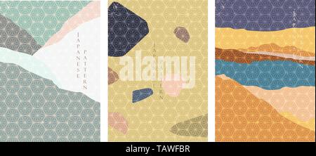 Abstrakte Muster in japanischen Hintergrund. Geometrische Vorlage mit Linie und grunge Textur. Landschaft im Hintergrund. Stock Vektor