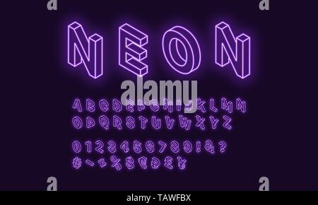 Neon isometrische Alphabet, violette Farbe. Neon Konturschrift mit isometrischen leuchtenden Buchstaben, Zahlen, Währungen und andere Zeichen und Symbole. Ve Stock Vektor