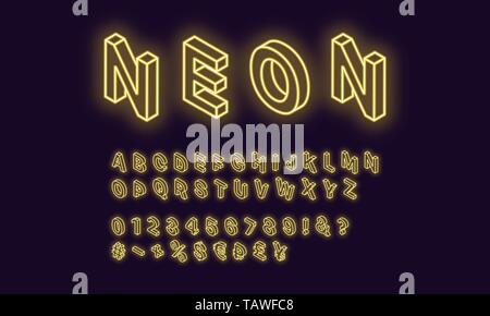 Neon isometrische Alphabet, Farbe gelb. Neon Konturschrift mit isometrischen leuchtenden Buchstaben, Zahlen, Währungen und andere Zeichen und Symbole. Ve Stock Vektor