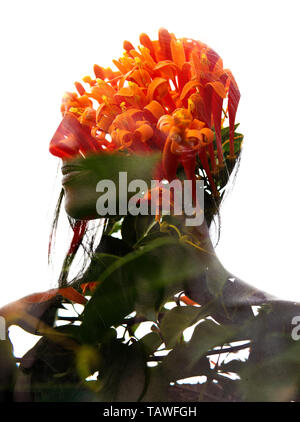 Double Exposure portrait die Kombination von wunderschönen Blumen und Zweige mit einer Frau Brust und Gesicht Stockfoto