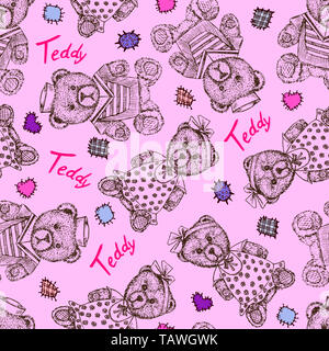 Teddy Mädchen in lustiger Kleidung und jungen Matrosen Kostüm, Hand gezeichnet doodle Skizze, nahtlose Muster Design auf weichem rosa-violetten Hintergrund Stockfoto