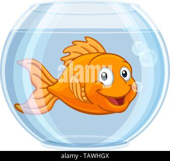Goldfisch in Gold Fish Bowl niedliche Zeichentrickfigur Stock Vektor