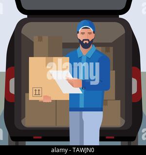 Vector Illustration auf das Thema der Lieferung mit dem Bild eines bärtigen Delivery Man. Stock Vektor