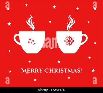 Zwei Weihnachten Tassen Kaffee oder heiße Schokolade auf rotem Hintergrund. Vector Illustration Stock Vektor
