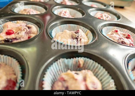 Rohen Teig mit Früchten für köstliche Muffins in der Dose Stockfoto