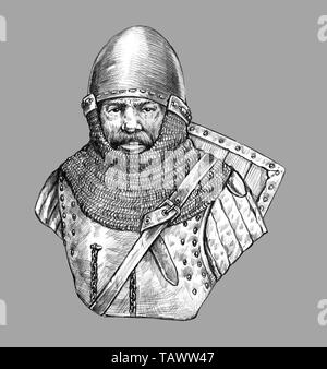 Mittelalterliche knight Büste Zeichnung. Ritter isoliert Abbildung. Historische Zeichnung. Stockfoto