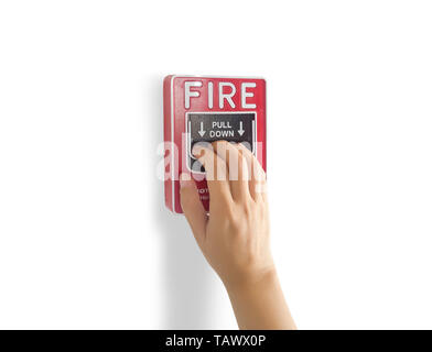 Feuer Alarm Notification Appliance, die Hand nach unten ziehen Brandmeldeanlage Schalter an der Wand von Handbuch für ein lautes Geräusch, die Warnung vor einem Brand Stockfoto