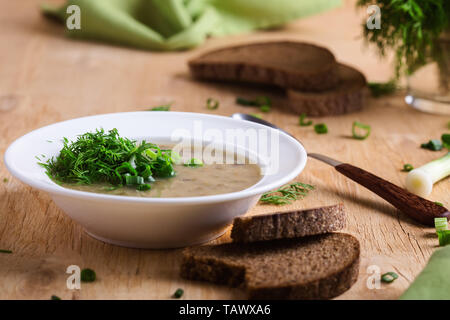 Gesunde mung Bohnensuppe mit frischen grünen Zwiebel und Dill auf rustikalen Holztisch, vegane Mahlzeit, selektiven Fokus Stockfoto