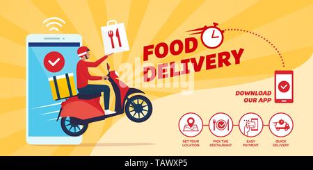 Fast Food Delivery App auf einem Smartphone mit Lieferung Mann auf einem Roller: Wie bestellen Food online Stock Vektor