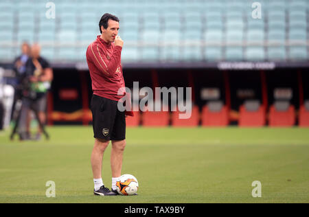 Arsenal manager Unai Emery während des Trainings im Olympischen Stadion, Baku. Stockfoto