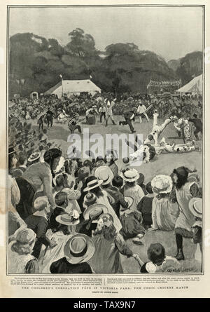 Kinder der Krönung Fete für König Edwaqrd VII im Victoria Park, komische Cricket Match, 1902 Stockfoto