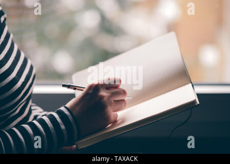 Schwangere Frau eine Schwangerschaft Tagebuch, in der Nähe der Hände schreiben im Notebook Stockfoto