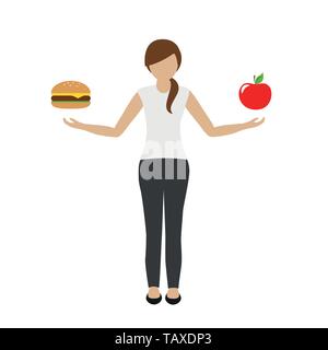 Frau hält Burger in einem und Apfel in der anderen Hand essen Konzept Vektor-illustration EPS 10. Stock Vektor