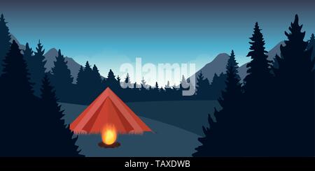 Rote Zelt mit Lagerfeuer in der Nacht im Wald blau Landschaft Vektor-illustration EPS 10. Stock Vektor