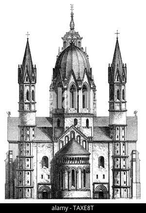 Mainzer Dom oder St. Martin's Cathedral, dreischiffige Hallenkirche romanische Pfeilerbasilika, Kathedrale, Mainz, 12. Jahrhundert, der Hohe Dom zu Mainz, dreischiffige romanische Pfeilerbasilika, Bischofskirche, Mainz, 12. Jahrhundert, aus Meyers Konversations-Lexikon, 1889 Stockfoto