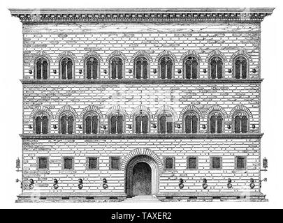 Palazzo Strozzi, Renaissance Palace in Florenz, Italien, 15. Jahrhundert, Historische, zeichnerische Darstellung, der Palazzo Strozzi, ein Renaissancepalast in Florenz, Italien, 15. Jahrhundert, aus Meyers Konversations-Lexikon, 1889 Stockfoto