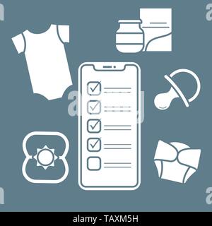 Vector Illustration mit Smartphone mit Checkliste, neugeborenes Baby Zubehör. Body, Babynahrung, Windeln, Nippel, klappern. Online Shopping. Stock Vektor
