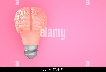 Rosa Gehirn Glühbirne auf die Farbe im Hintergrund. 3D-Darstellung Stockfoto