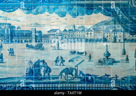 Panel von Azulejo Kacheln, die den Blick auf Lissabon vom Tejo (Tejo) River, Lissabon, Historische Provinz Extremadura, Portugal Stockfoto