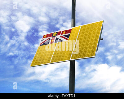 Solar Panels gegen einen blauen Himmel mit ein Bild von der Flagge von Niue Stockfoto