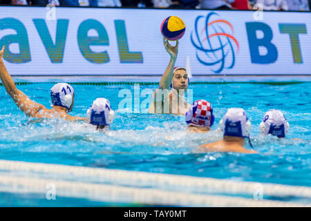 ZAGREB, KROATIEN - 05 April, 2019: FINA Wasserball WELTLIGA EUROPA CUP 2019. Kroatien vs Griechenland. Die Spieler in Aktion Stockfoto