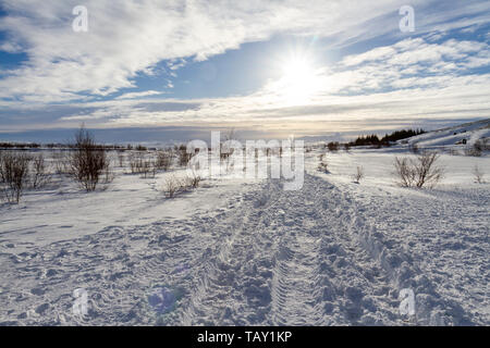 Allgemeine Ansicht entlang einem Pfad und über die atemberaubende Landschaft im Nationalpark Thingvellir, Island. Stockfoto