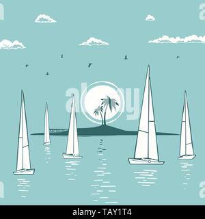 Vector Illustration Segelboote und tropischen Insel Landschaft Stock Vektor
