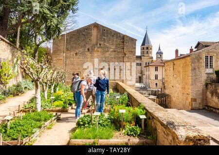 Frankreich, Burgund, Cluny. 04-18-2019. Weibliche touristische testen Gewürze im Garten des ehemaligen Klosters Stockfoto