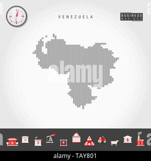 Vektor vertikale Linien Muster Karte von Venezuela. Gestreift Einfache Silhouette von Venezuela. Realistische Vektor Kompass. Business Infografik Symbole. Stock Vektor