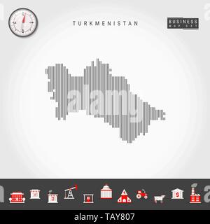 Vektor vertikale Linien Muster Karte von Turkmenistan. Gestreift Einfache Silhouette von Turkmenistan. Realistische Vektor Kompass. Business Infografik Symbole. Stock Vektor