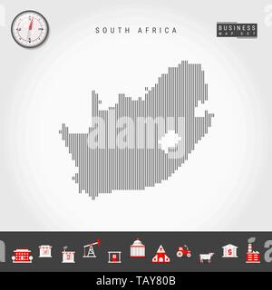 Vektor vertikale Linien Muster Karte von Südafrika. Gestreift Einfache Silhouette von Südafrika. Realistische Vektor Kompass. Business Infografik Symbole. Stock Vektor