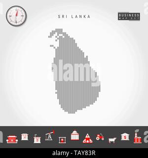 Vektor vertikale Linien Muster Karte von Sri Lanka. Gestreift Einfache Silhouette von Sri Lanka. Realistische Vektor Kompass. Business Infografik Symbole. Stock Vektor
