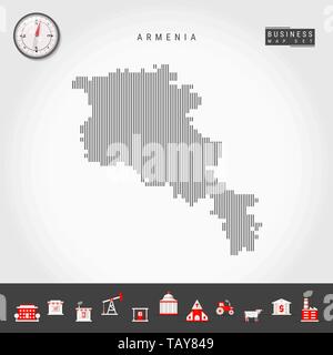 Vektor vertikale Linien Muster Karte von Armenien. Gestreift Einfache Silhouette von Armenien. Realistische Vektor Kompass. Business Infografik Symbole. Stock Vektor