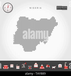 Vektor vertikale Linien Muster Karte von Nigeria. Gestreift Einfache Silhouette von Nigeria. Realistische Vektor Kompass. Business Infografik Symbole. Stock Vektor