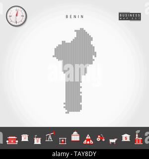 Vektor vertikale Linien Muster Karte von Benin. Gestreift Einfache Silhouette von Benin. Realistische Vektor Kompass. Business Infografik Symbole. Stock Vektor