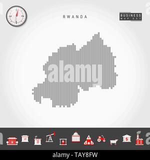 Vektor vertikale Linien Muster Karte von Ruanda. Gestreift Einfache Silhouette von Ruanda. Realistische Vektor Kompass. Business Infografik Symbole. Stock Vektor