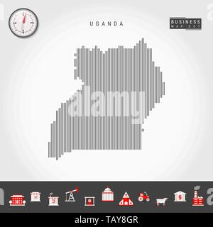 Vektor vertikale Linien Muster Karte von Uganda. Gestreift Einfache Silhouette von Uganda. Realistische Vektor Kompass. Business Infografik Symbole. Stock Vektor