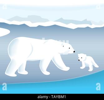 Vector Illustration. Polar Bear und seine Cub auf Eis. Stock Vektor